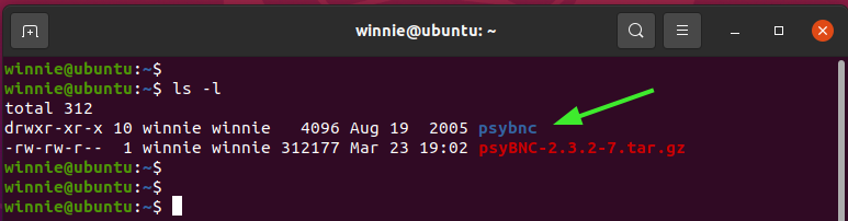 This yields a folder named psybnc as shown in the snippet below.